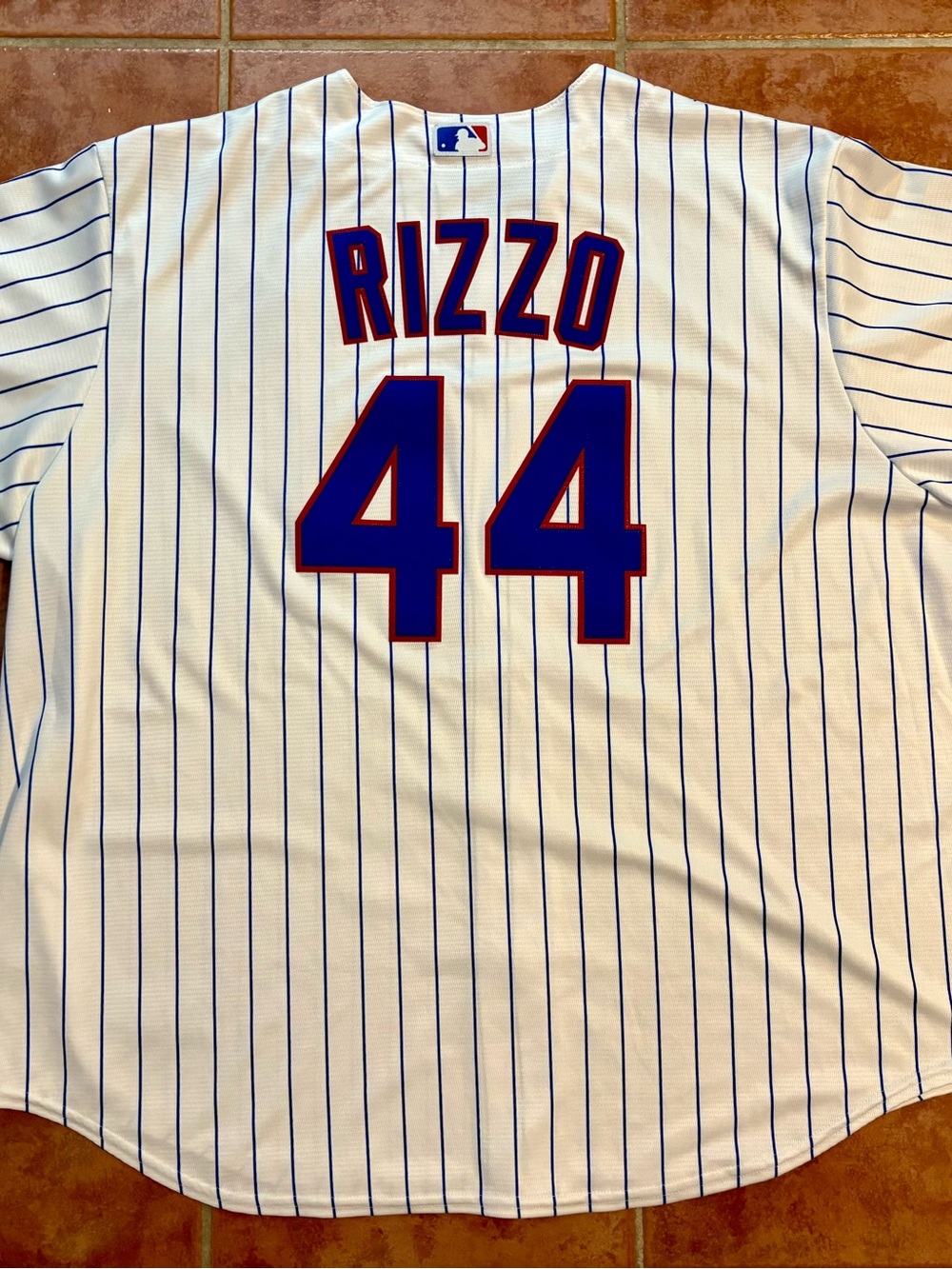 MLB Chicago Cubs Rizzo 44 White Pinstripe Jersey with Blue and Red Trim 3xl